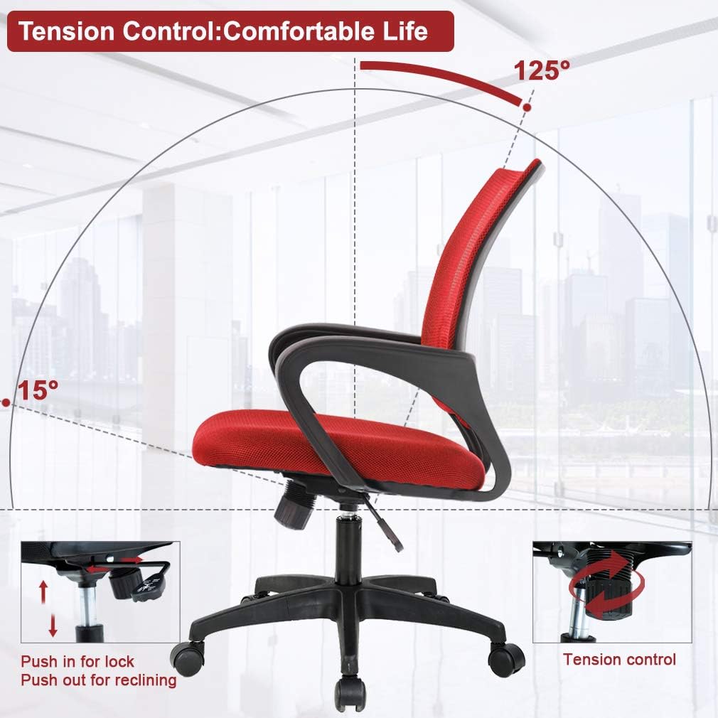 BestOffice Ergonomic Desk Chair - Mesh Computer Chair with Lumbar Support | Adjustable Mid Back, Red