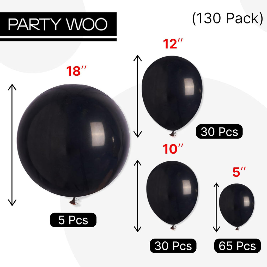 PartyWoo Black Balloons - 130-Piece Arch Kit with Various Sizes for Baby Showers & Birthdays | Black