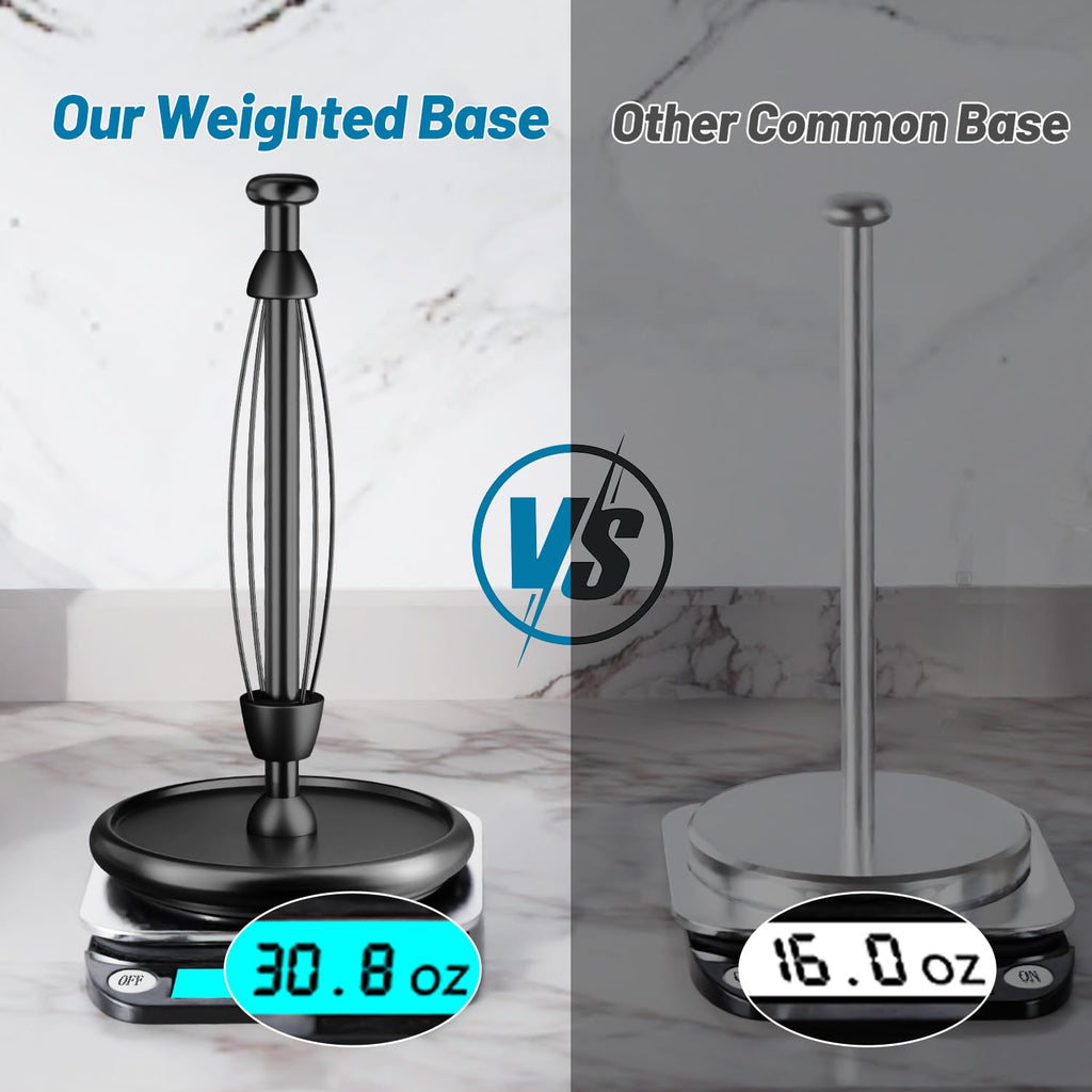 VEHHE Paper Towel Holder Countertop with Weighted Base, One-Handed Tear Paper Towel Holder with Damping Function and EVA Non-Slip Pad for Bathroom and Kitchen (Black)