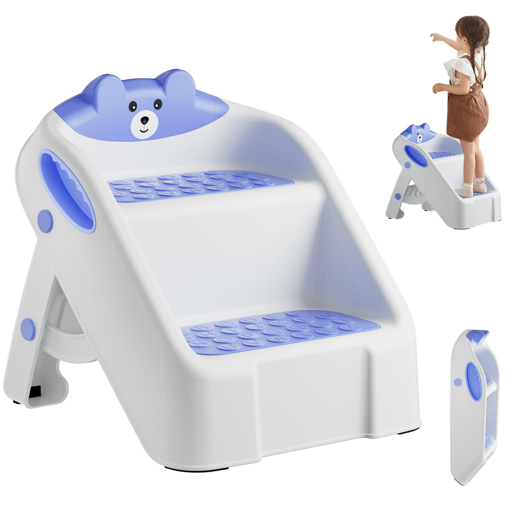 Toddler Step Stool for Bathroom Sink, 2 Step Stools for Kids, Kids Step Stool with Safety Non-Slip Pads and Handles, Foldble Kids Stool, Toddler Stool for Kitchen Toilet Counter Bed (Blue)