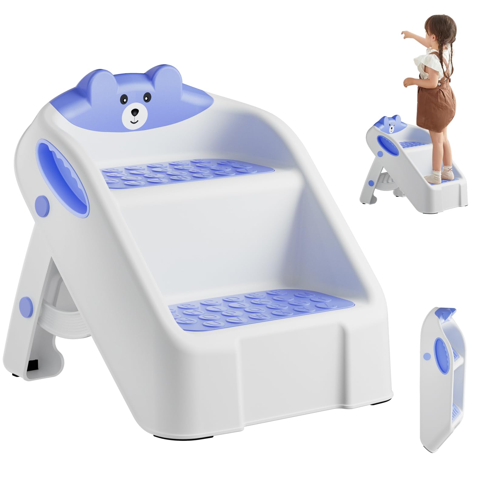 Toddler Step Stool for Bathroom Sink, 2 Step Stools for Kids, Kids Step Stool with Safety Non-Slip Pads and Handles, Foldble Kids Stool, Toddler Stool for Kitchen Toilet Counter Bed (Blue)