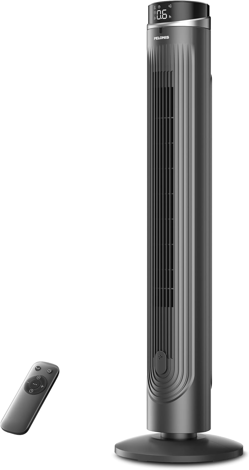 Pelonis 42-Inch Tower Fan - Quiet 90° Oscillation, 5 Speeds, Remote Control & Eco Mode | 12H Timer, LED Display