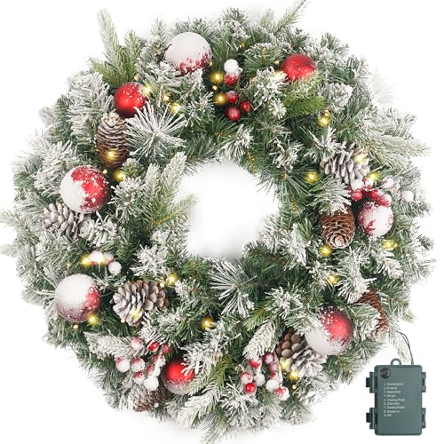 Flocked Christmas Wreath 24 Inch Pre-lit with 50 LED Lights, Red Balls & Pine Cones – Battery Operated Variation 50