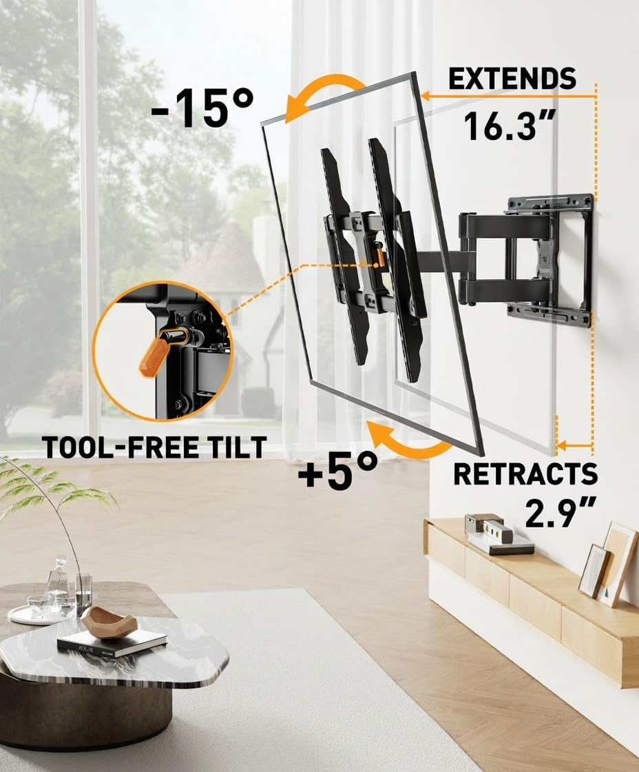 Perlegear Full Motion TV Wall Mount - Heavy Duty Bracket for 42-86 Inch TVs, Swivel & Tilt, Max VESA 600x400mm