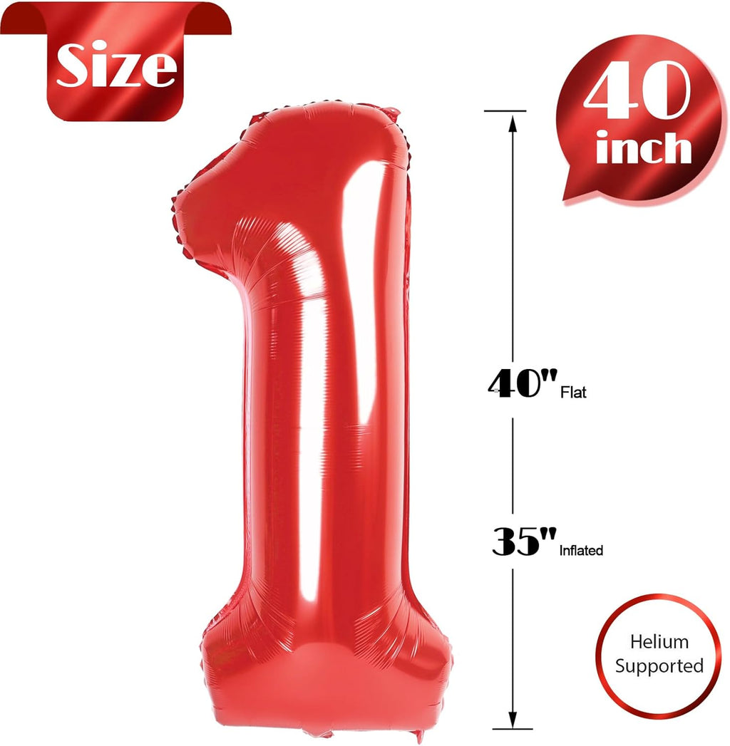 Red Number 1 Balloon - 40 Inch Shiny Red Birthday Decoration for Baby Boy/Girl First Birthday