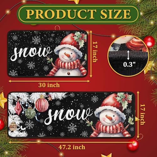Black Snowman Snowflake Christmas Kitchen Rugs Set of 2 - 17x47 and 17x30 Inches, Non-Slip Holiday Floor Mats for Home & Kitchen, Variation: Black / 1'5" x 3'11"