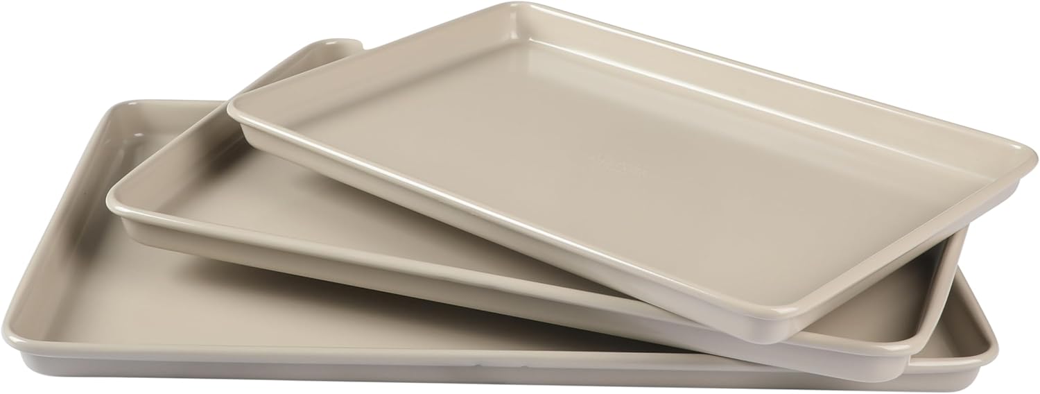 Martha Stewart Gallen 3-Piece Baking Sheet Set - Nonstick Ceramic Pans, Oven Safe to 450°F | Taupe, Warp-Resistant