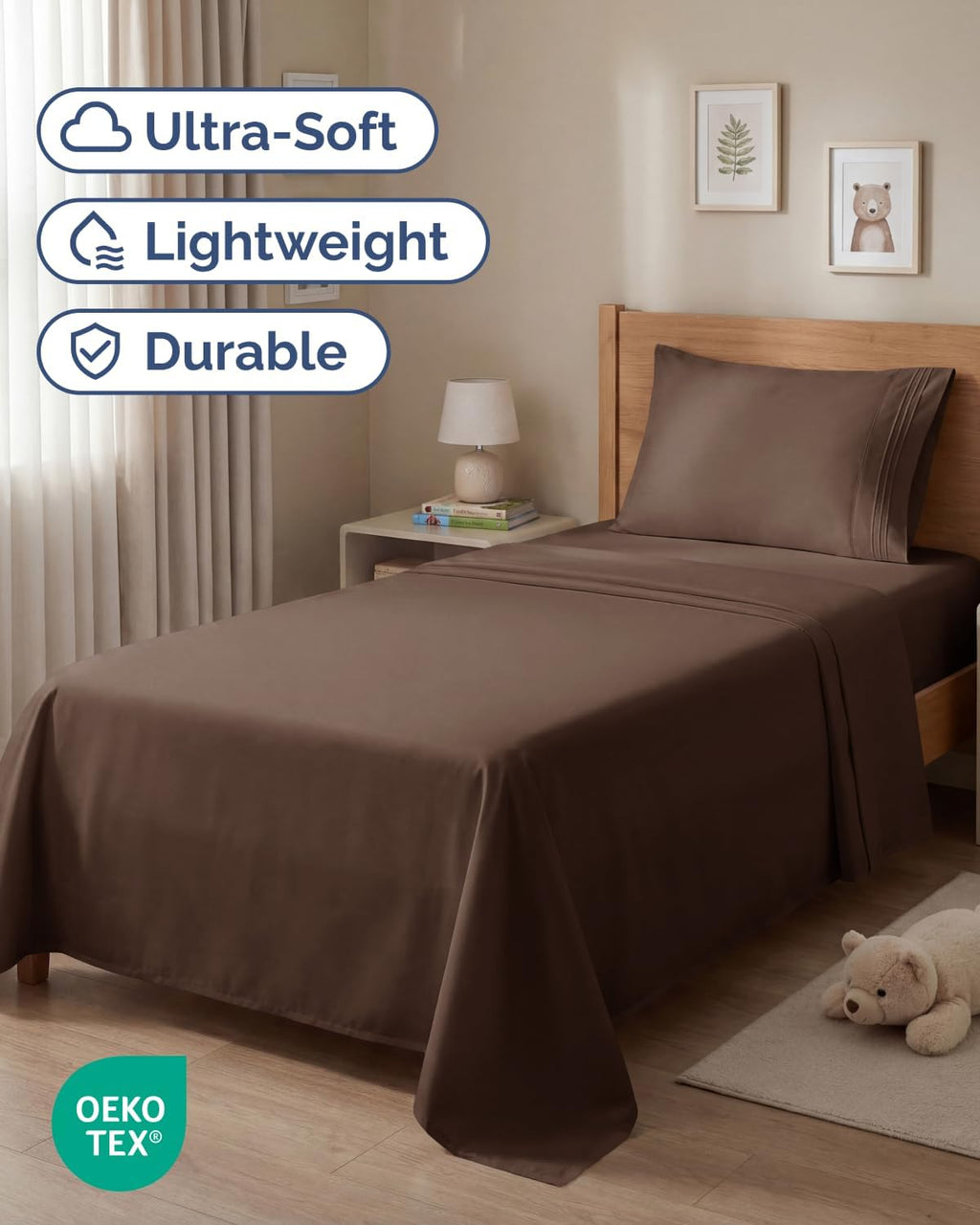 Comfy Twin Size 3-Piece Sheet Set by [Brand Name] - Breathable Cooling Bed Sheets | Ultra-Soft, Deep Pockets, Wrinkle-Free - Brown