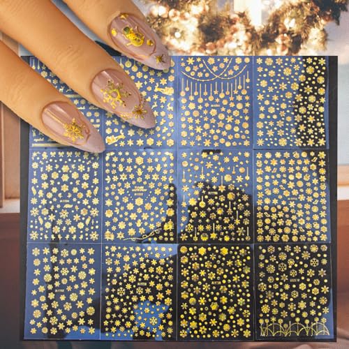 Nudurom 36 Sheets Christmas Snowflake Nail Stickers, Self-Adhesive Winter Holiday Nail Art Decals in White Silver Gold