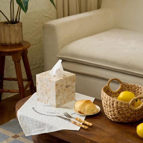 5.9” Mother of Pearl Tissue Box Cover for Kleenex and More – Handcrafted Square Tissue Holder with Sliding Bottom – Decorative Napkin Dispenser for Bathroom, Bedroom, Kitchen, Office