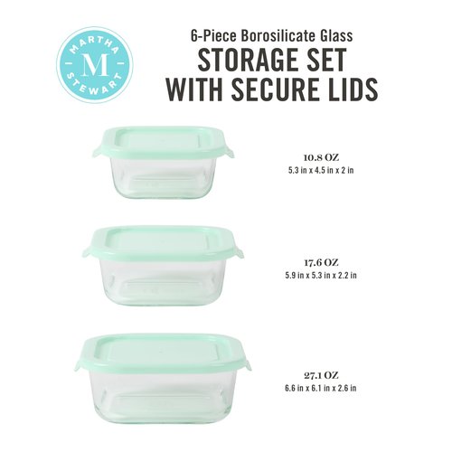 Martha Stewart Hadsell 6 Piece 27 oz, 17.6 oz, 10.8 oz Borosilicate Glass Square Storage Container Set w/PP Pop Martha Blue Lids