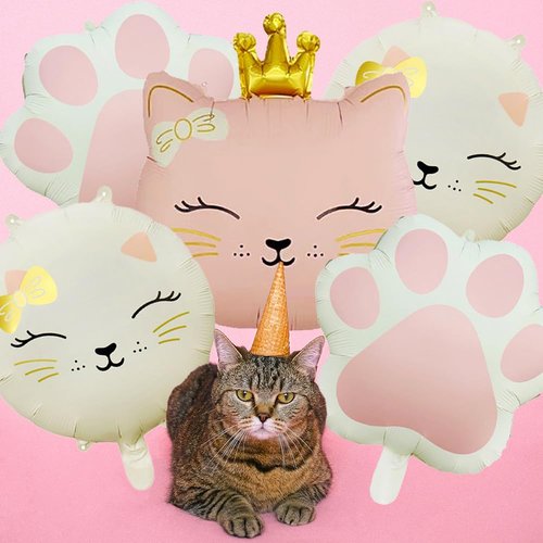 5Pcs Cat Foil Balloon Cat Paw Birthday Party Supplies Cute Crown Kitten Pet Cat Themed Birthday Party Baby Shower, Wedding Themed Party Decorations（Pink, Cream White）