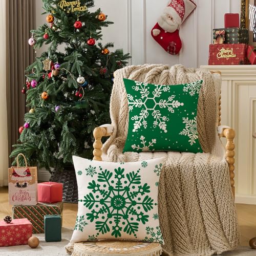 JOJOGOGO Green Christmas Pillow Covers Set of 4 - 18x18 Snowflake Design