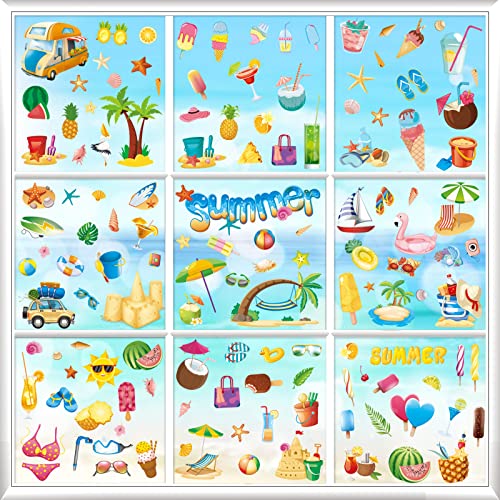 134 Pcs Summer Beach Window Clings - Colorful Static Film Decals
