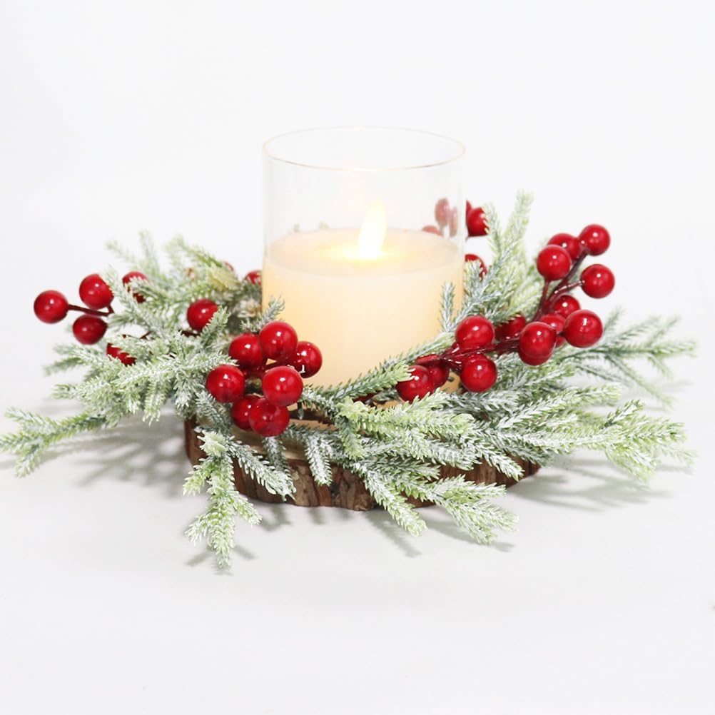 Skiennix 2-Piece Christmas Wreath Candle Rings - Artificial Cedar & Cypress with Red Berries | Holiday Table Decor