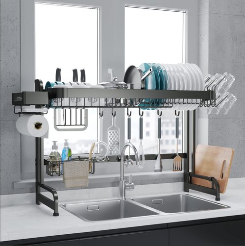 LIVOD Over Sink Dish Drainer Drying Rack, 2 Tier Full Stainless Steel Storage Adjustable Length Kitchen Rack, Multifunctional Expandable Counter Organizer, Space Saver Dish Rack