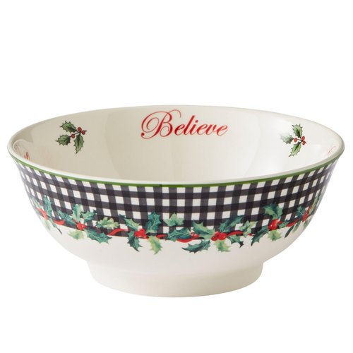 Spode Christmas Tree Revere Bowl - Checkered Exterior & Holly Accents, Festive Candy Dish or Snack Bowl with Sentiments Inside, 6" Porcelain - Dishwasher & Microwave Safe, Great for Gifting & Parties