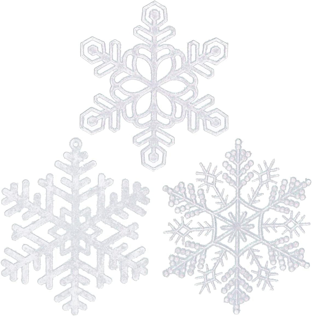 Skiennix 48pcs Pre-Strung White Snowflake Ornaments - Glittery Christmas Tree Decorations