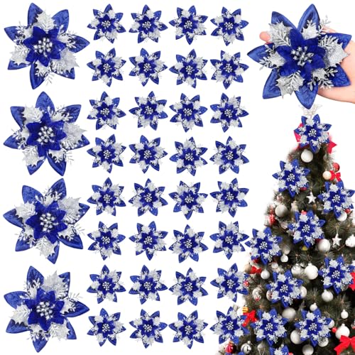 108 Pieces Christmas Glitter Poinsettia Flowers with Clips & Stems - Navy Blue