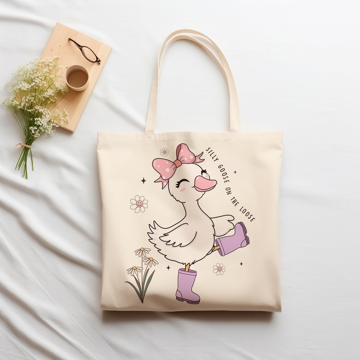 Silly Goose Canvas Tote Bag With Inner Pockets,Cute Reusable Bag for Lunch Grocery Shopping and Beach,Women Lady Canvas Cotton Tote,Birthday Gifts for Goose Lovers