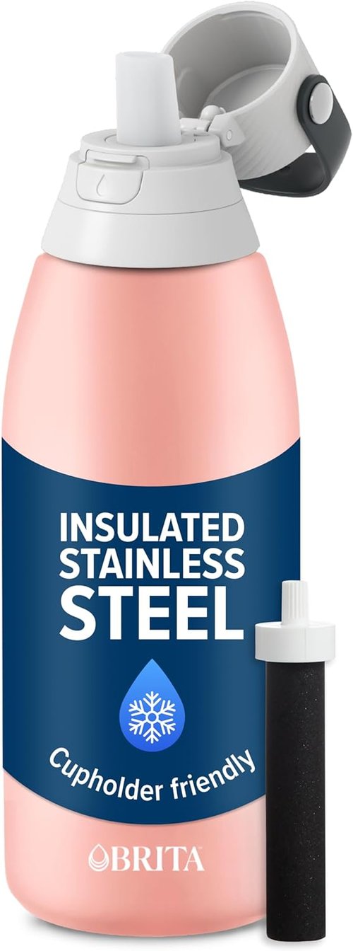 Brita Stainless Steel Water Bottle - BPA-Free, Insulated, Reusable, 32 oz, Rose - Lasts 2 Months