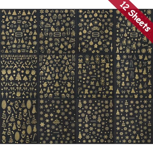 12 Sheets Christmas Gold Nail Art Stickers 3D Self-Adhesive Decals