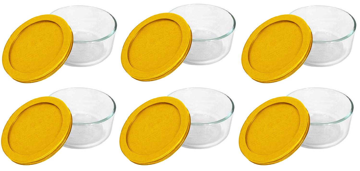 Pyrex Storage Plus 2-Cup Round Glass Food Storage Dish, Yellow Cover (6 Pack) Made in the USA