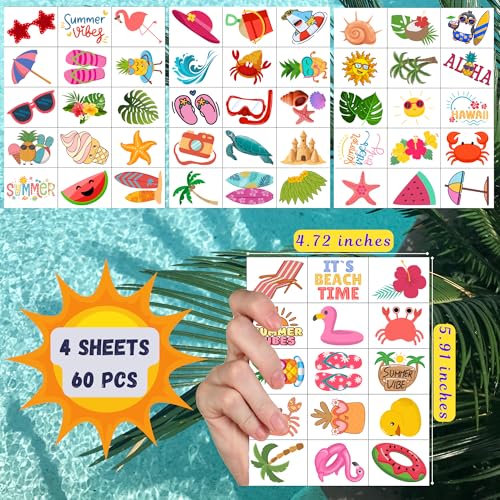 Summer Temporary Tattoos - 60Pcs Beach Party Favors & Aloha Supplies