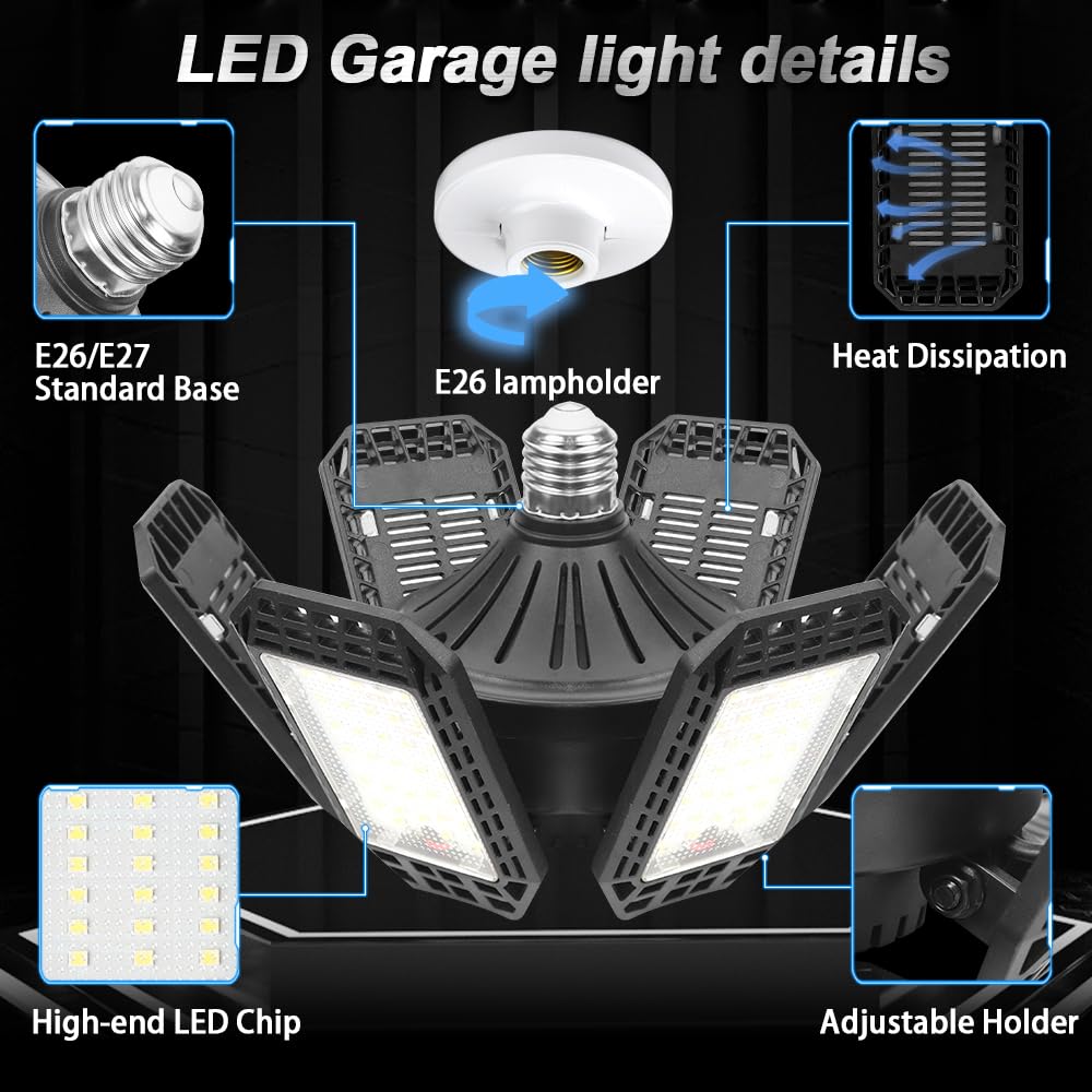 AUDLES 4 Pack Garage Lights, 200W 20000LM 6500K LED Shop Lights, Garage Light Ceiling Led with 6+1 Deformable Panels, Screw in E26 Socket Bulb for Warehouse, Workshop, Basement, Barn Lighting