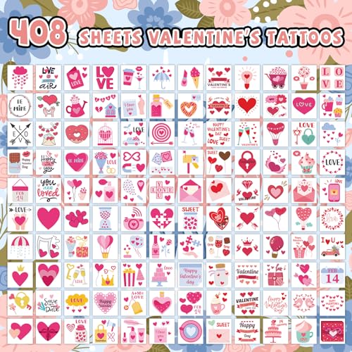 EMOME 408 Individually Wrapped Valentine Temporary Tattoos for Kids Party Favors