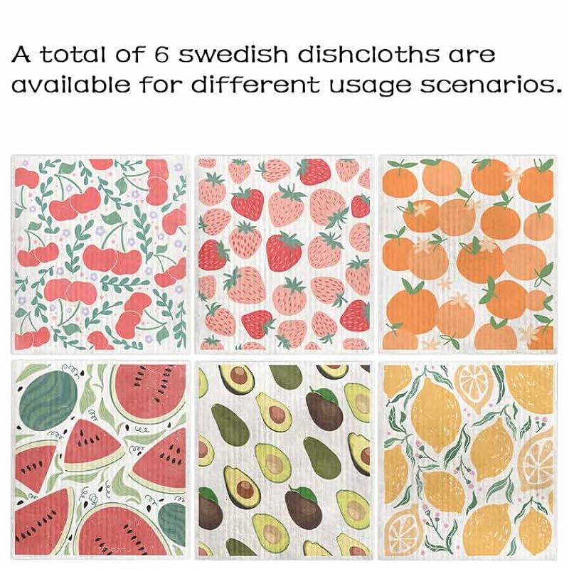 Fruit Swedish Dishcloths - 6 Pack Cellulose Kitchen Towels