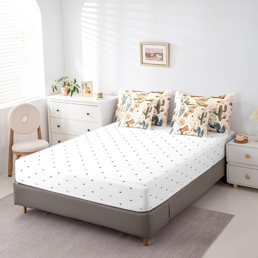 Manfei 7pcs Cowgirl Comforter Set Twin Size, Country Western Cowboy Boots Bedding Set with Sheets for Kids Girls Teens Room Decor, Wild West Cactus Flower Bed in a Bag Cute Cartoon Brown Bed Set