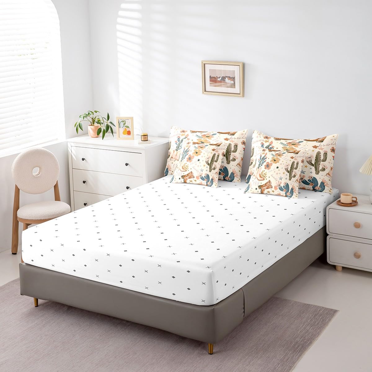 Manfei 7pcs Cowgirl Comforter Set Twin Size, Country Western Cowboy Boots Bedding Set with Sheets for Kids Girls Teens Room Decor, Wild West Cactus Flower Bed in a Bag Cute Cartoon Brown Bed Set