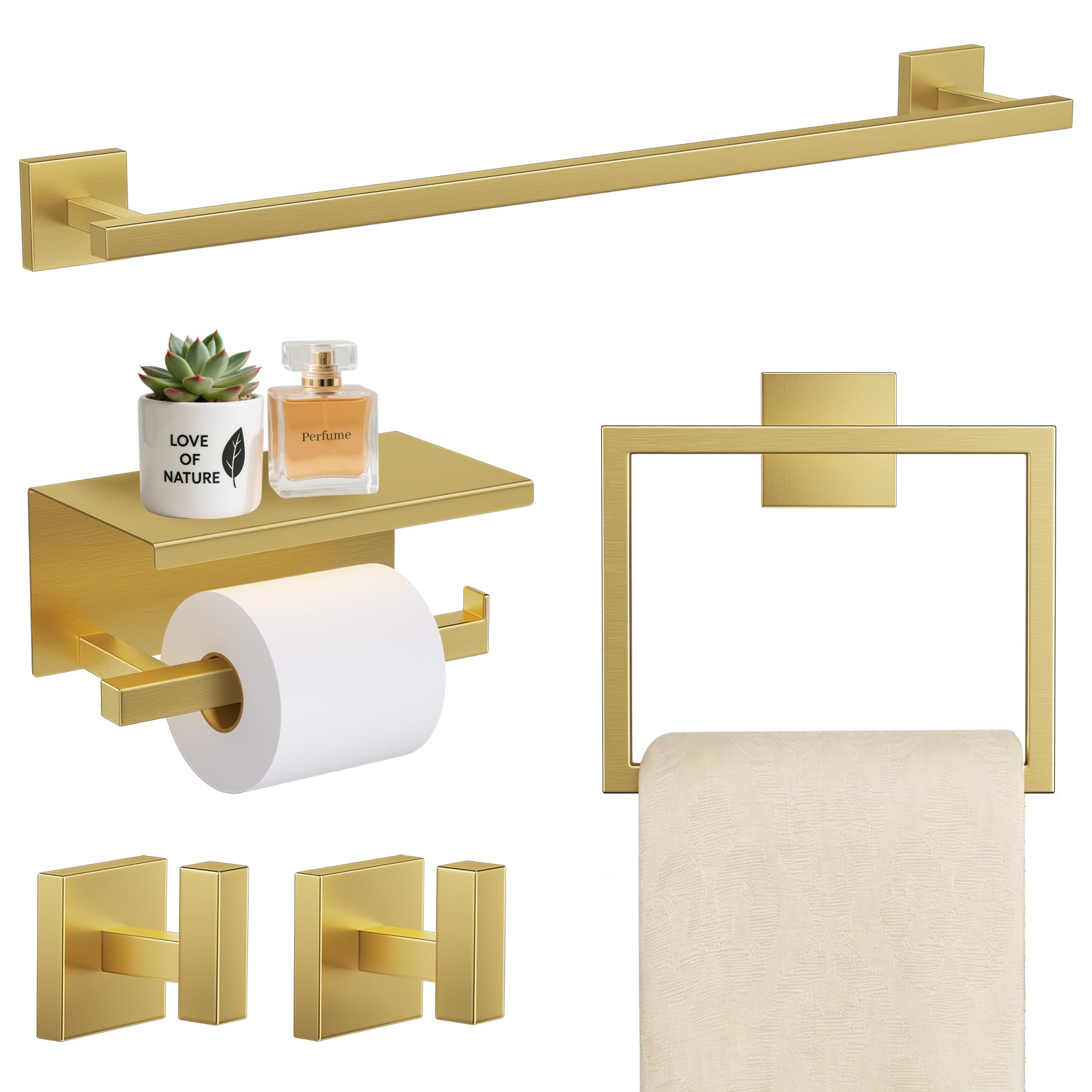 TURS Brushed Gold 5 Pieces Bathroom Hardware Set, SUS304 Stainless Steel 23.6 Inch Bath Towel Bar Set, Square Bathroom Accessories Kit Wall Mounted