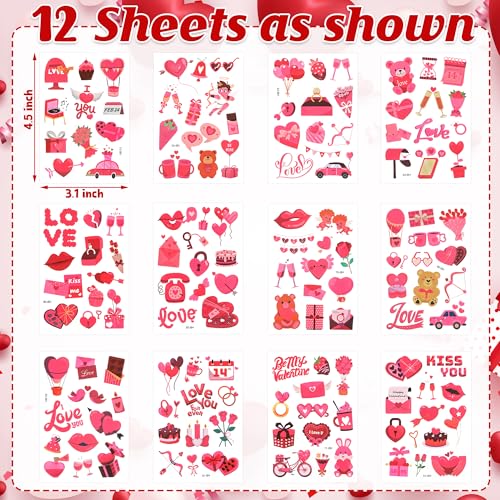 Huskein 144 PCS Valentine's Day Temporary Tattoos - Waterproof Romantic Heart Fake Tattoos for Party Favors