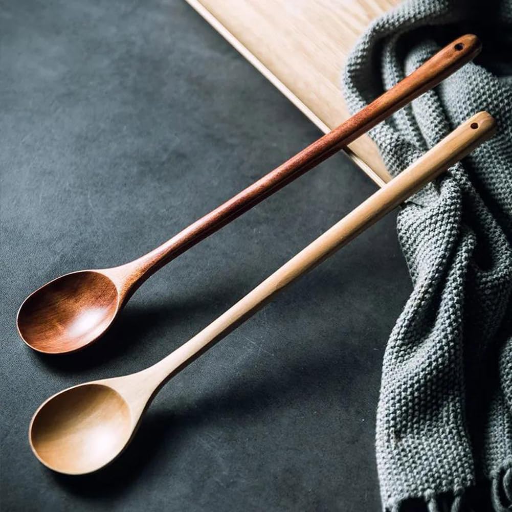 Wood Cooking spoon, 2PCS 13 inches Long Handle Spoons for Mixing,Tasting Stirring food, Large Wooden Cooking Utensils for Cooking and Crafts(Nanmu)