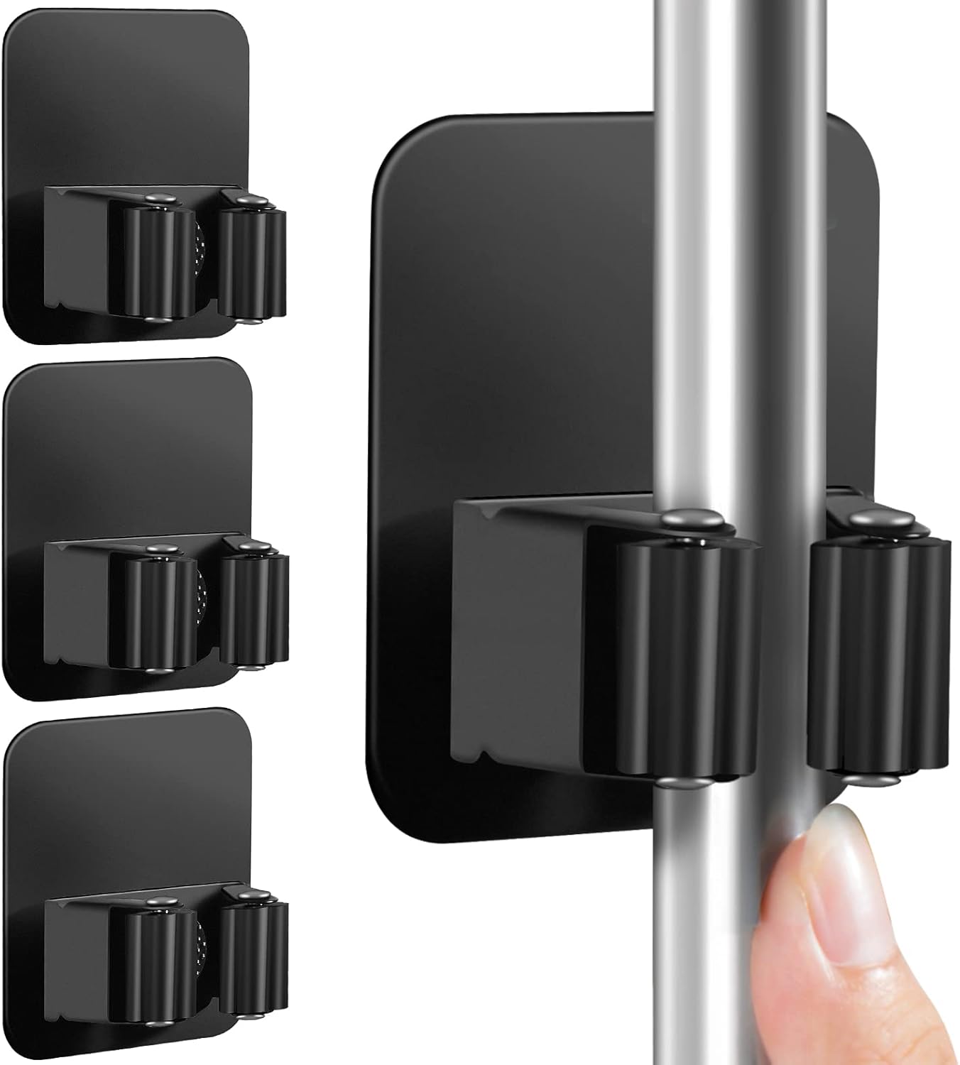 Skiennix Broom Holder Wall Mount - Super Anti-Slip Design for Kitchen, Bathroom & Garage - 4 Pack, Black