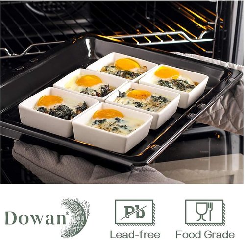 DOWAN 6 oz Creme Brulee Ramekins - Oven Safe Ceramic Custard Cups | Set of 6 Soft White Baking Dishes