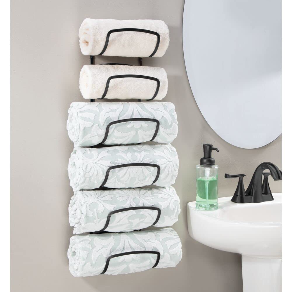 mDesign Steel Towel Holder for Bathroom Wall - Wall Mounted Organizer for Rolled Bath Towels - Six Level Wall Mount Towel Storage Rack - Bathroom Towel Organizer - Hyde Collection - Graphite Gray