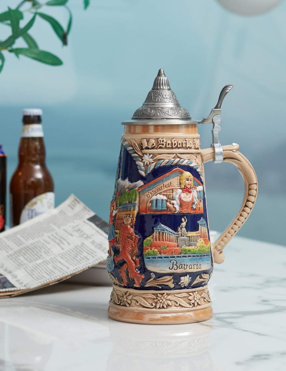 HAUCOZE Beer Stein Mug German Munich Bavarian Drinking Viking Tankard with Pewter Lid Birthday Gifts for Men Father Husband 1.0 Liter