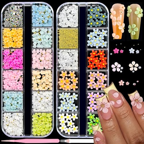 Tephrent 2 Boxes 3D Flower Nail Charms & Caviar Beads Rhinestones Set