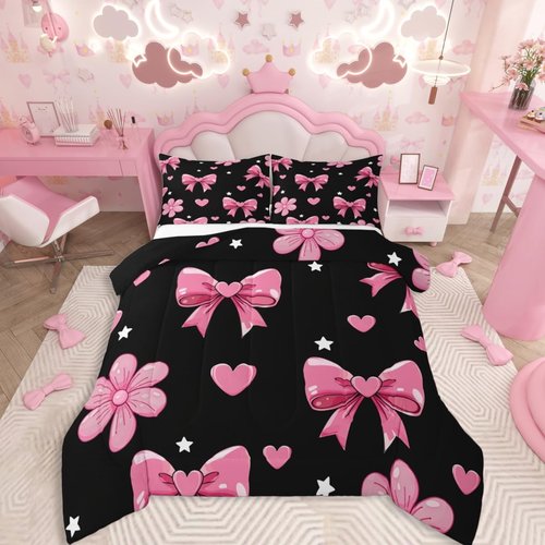 jejeloiu Bowknot Comforter Set All Season Black Pink Bedding Set with 1 Pillow Cases Pink Bow Microfiber Kids Twin Bedclothes Colourful Bowknot Bedroom Decor Duvet Quilt Breathable