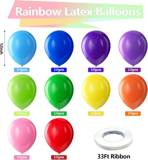 Bezente Rainbow Latex Balloons - 100 Pack with Balloon Tape Strips & Glue Dots for Easy Decorating