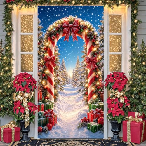 Christmas Door Banner Cover - Winter Wonderland Candy Cane Arch, Style A, 71x35 Inches