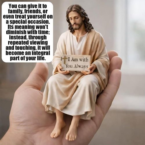 Little Jesus Figurines - Mini Handmade Sitting Jesus Statue with 'I Am with You Always' Sign | Small Resin Christian Decor for Office or Car