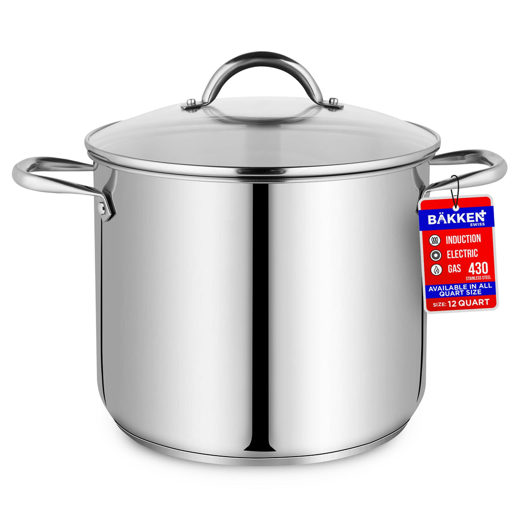 Stainless Steel Stockpot with Tempered Glass Lid 12 Quart, Durable 18/0 Stainless Steel, Impact-Bonded Base for Even Heating, Riveted Handles, Oven & All Stove Compatible, Safe Up To 500°F (260°C)