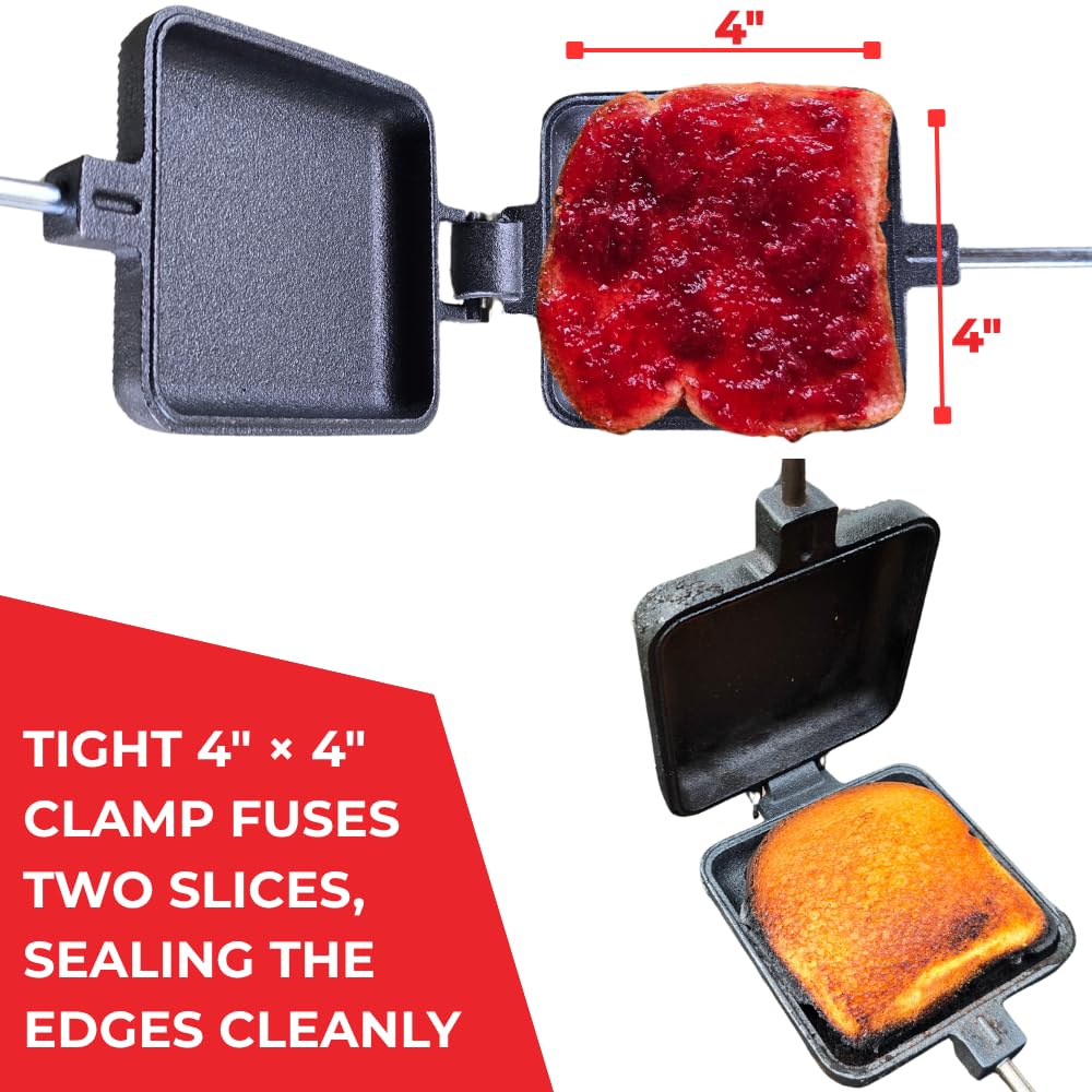 SUMPRI Pie Iron Set – Large Cast Iron Sandwich Maker for Camping, 3-Piece Camp Pie Cooker, Campfire Grilling & Outdoor Cooking Equipment