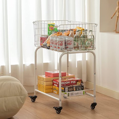 HENNZE--Basket for garments storage,easy moved with wheels have brake,wire luandry basket visable storage space, white ,rolling laundry basket