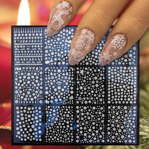 Nudurom 36 Sheets Christmas Snowflake Nail Stickers, Self-Adhesive Winter Holiday Nail Art Decals in White Silver Gold