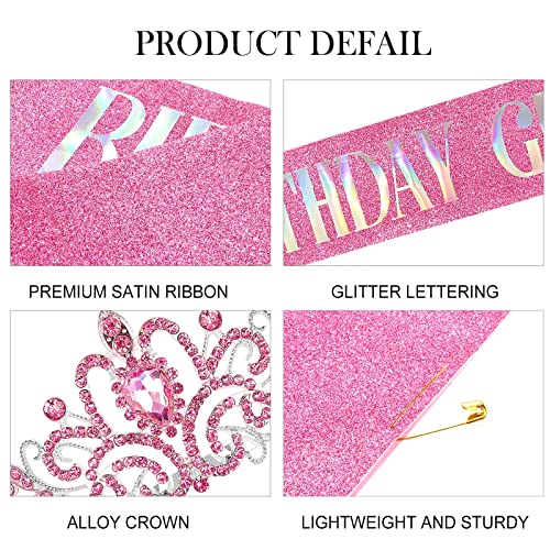 COCIDE Birthday Girl Pink Sash and Crystal Rhinestone Tiara Set